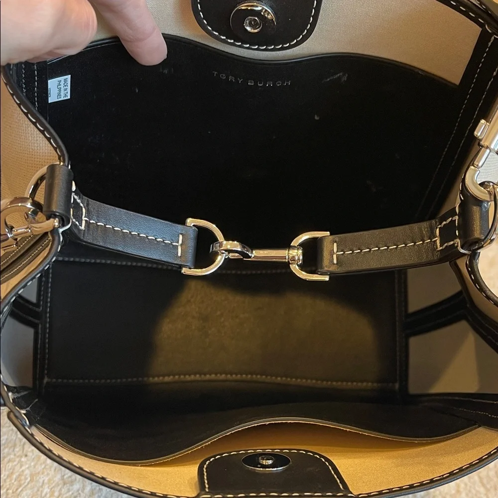 Tory Burch Ivory Canvas Bucket Bag with Black Trim - Picture 8 of 10